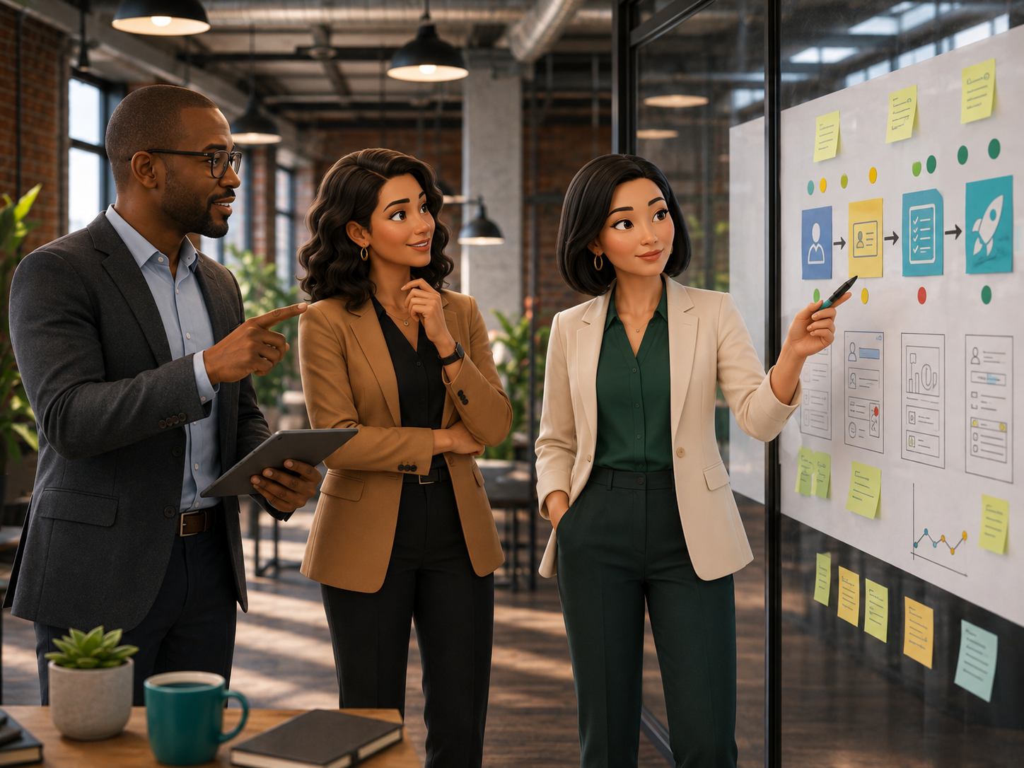 Deux personnes analysent un dispositif d'onboarding au tableau.